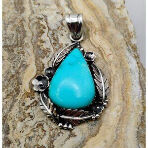 Southwest Native Style Aqua Blue Turquoise Sterling Silver Pendant Unisex